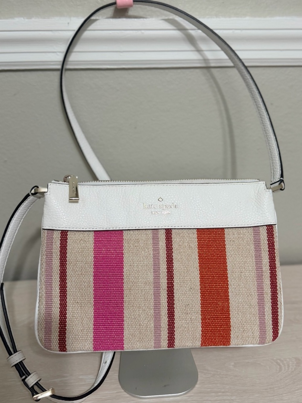 kate spade White Canvas and Pink Orange Stripe Crossbody